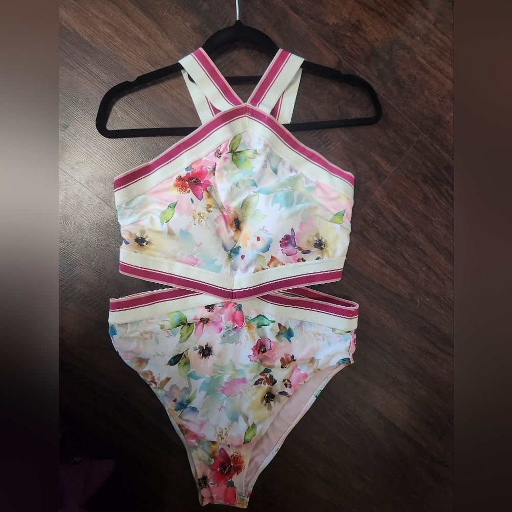 Juicy Couture Elastic Ribbon Cut Out Watercolor Print One Piece Swimsuit Sixe XL